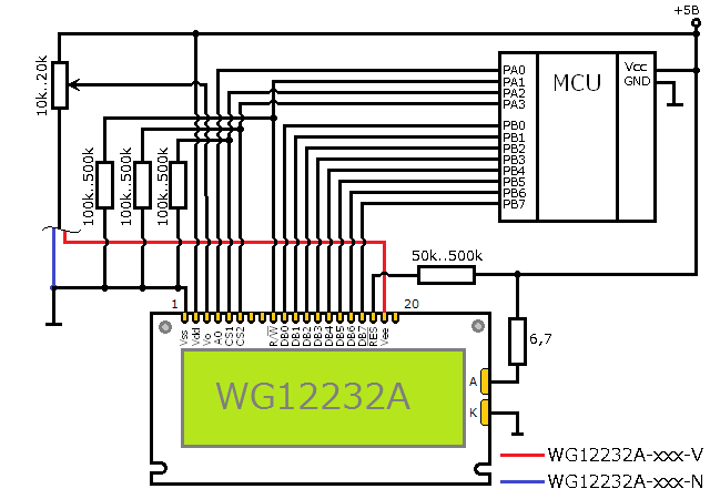 Пример схемы подключения дисплея WG12232A к микроконтроллеру
